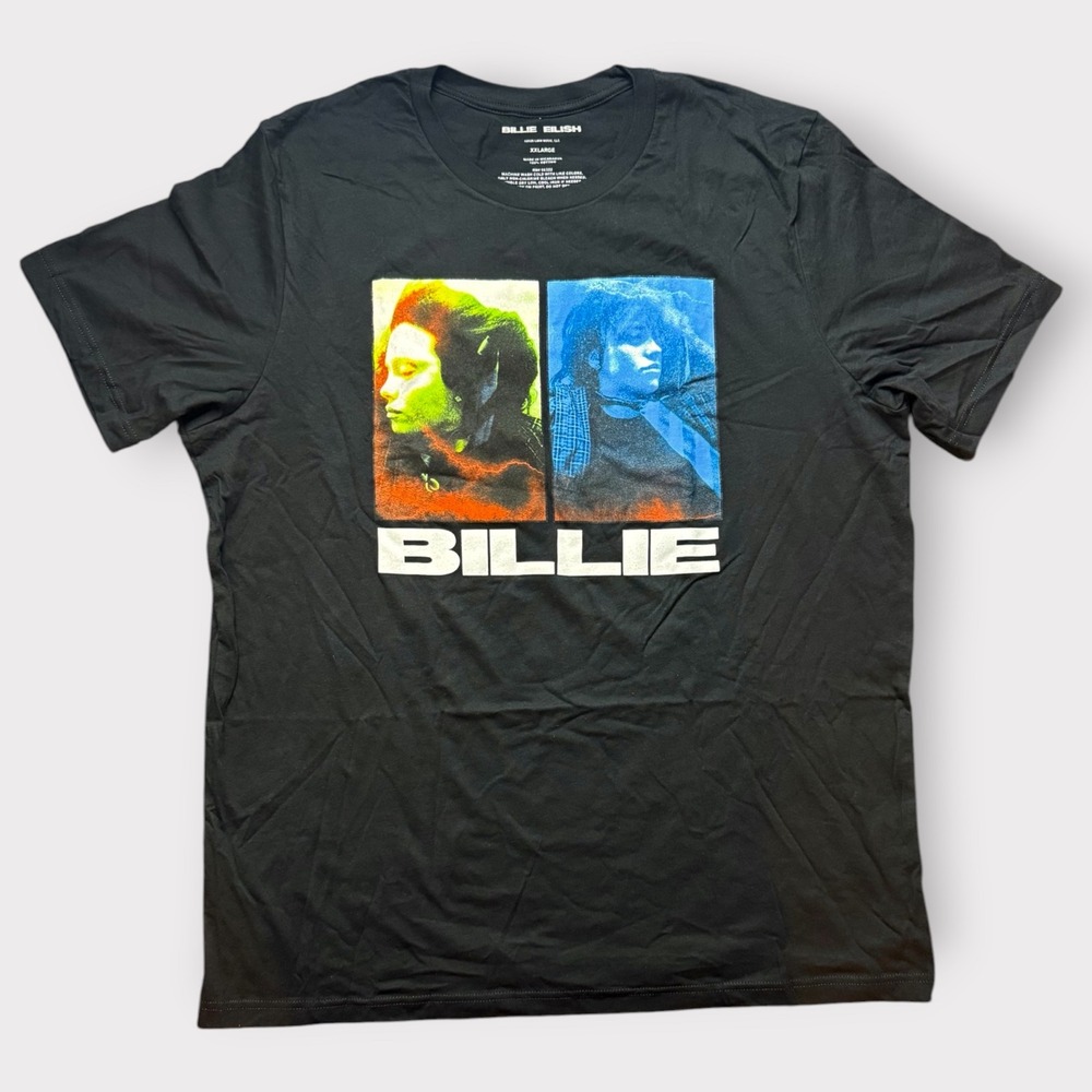 Billie Eilish Graphic T-Shirt Black XXL Portrait Neon Logo Music Merch Tee‎